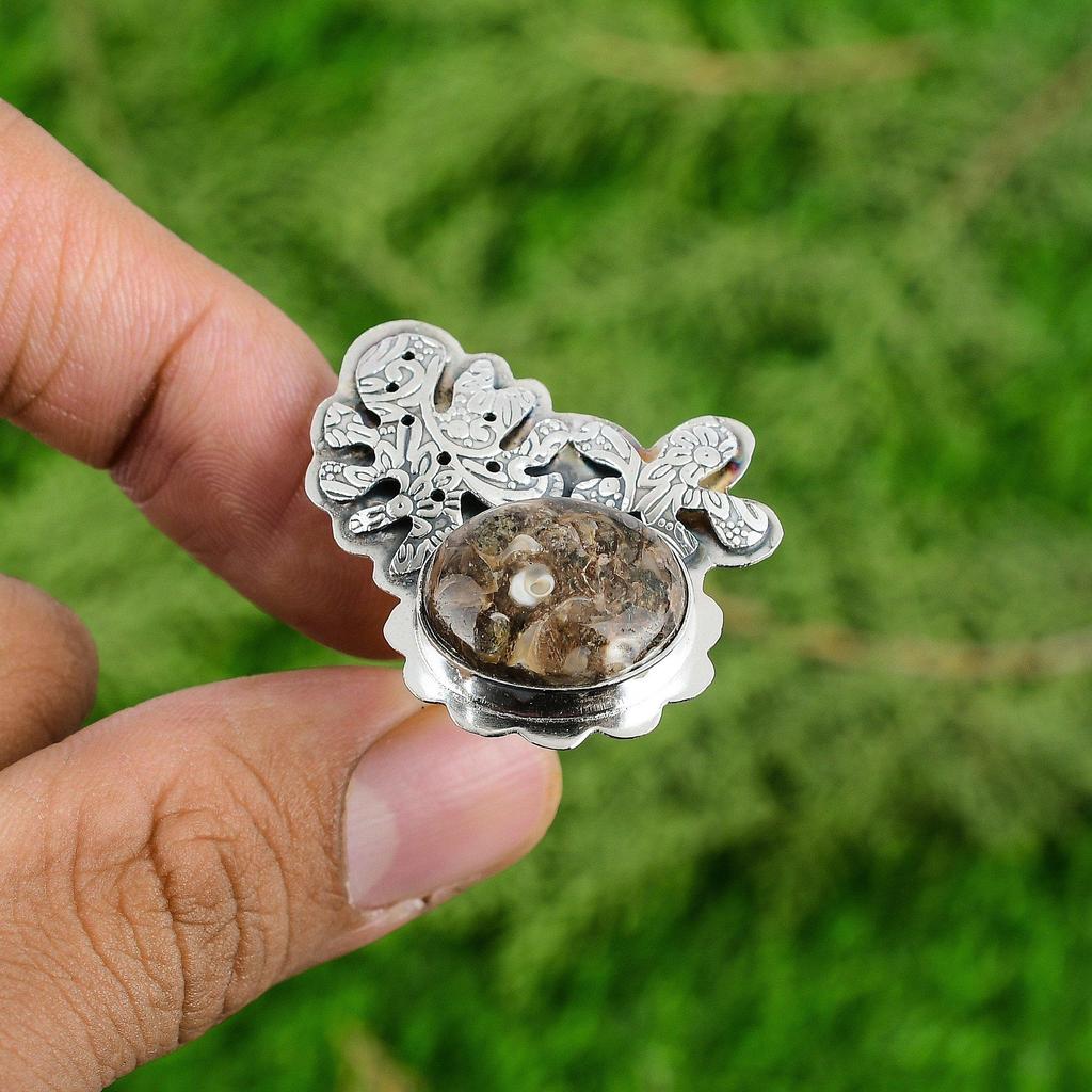 Gift For Women Statement Adjustable Ring 925 Silver Natural Turritella Agate
