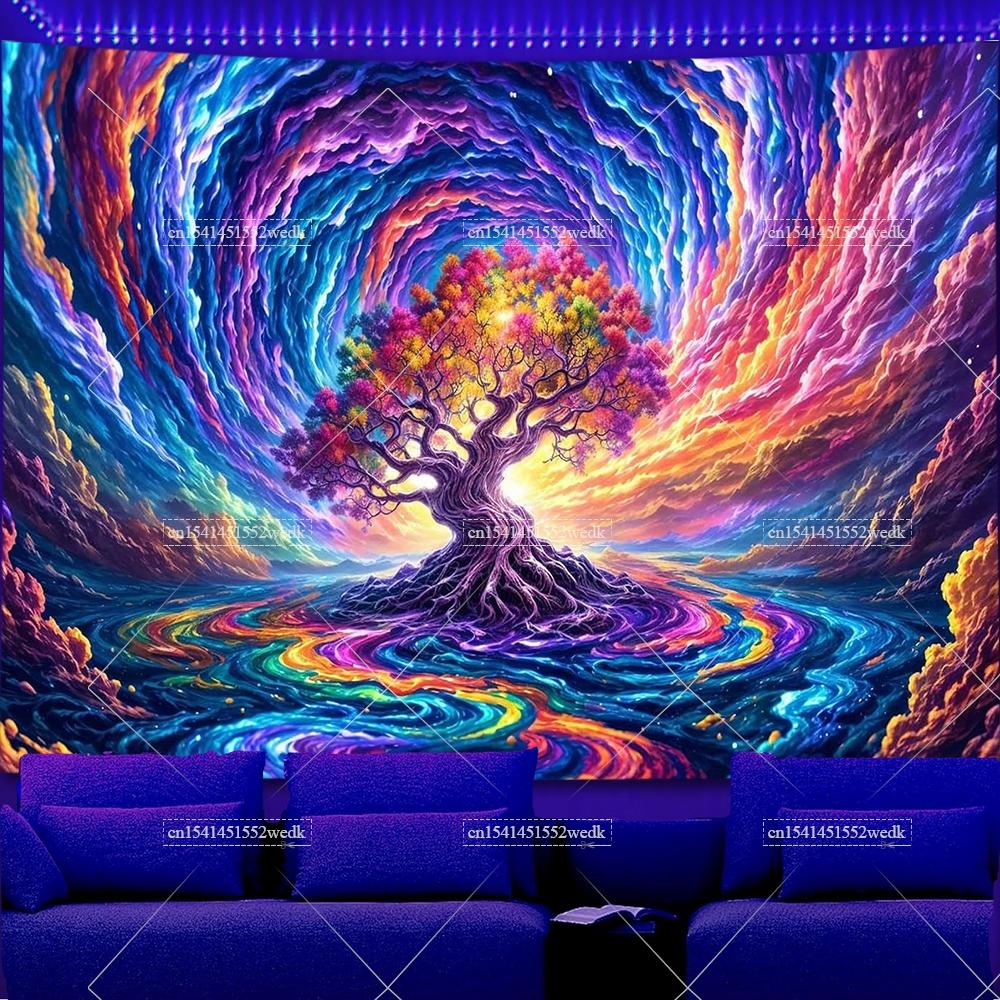 Lebensbaum Schwarzlicht Wandteppich UV-reaktiv Galaxie Himmel Landschaft Schwarzlicht Wandteppiche Ästhetische Wandkunst Neon Hintergründe 100X70CM