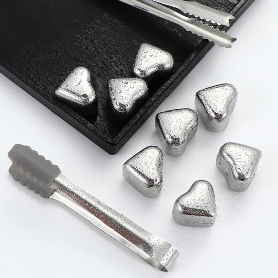 Heart-Shaped Whiskey Stones Reusable 304 Stainless Steel Non-Diluting Drink Chillers for Wine Cocktails with Tongs Dishwasher Safe Cooling Blocks