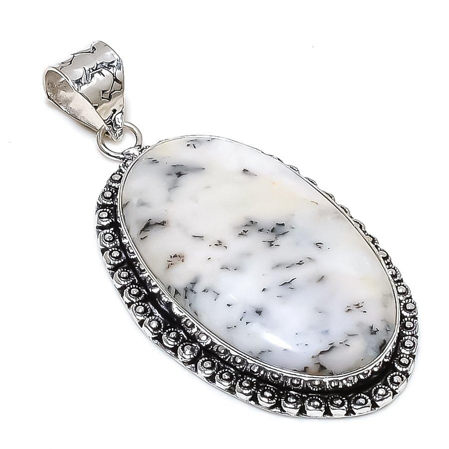 Dendrite Opal Gemstone Handmade 925 Sterling Silver Jewelry Pendant 2.52" SU-10710