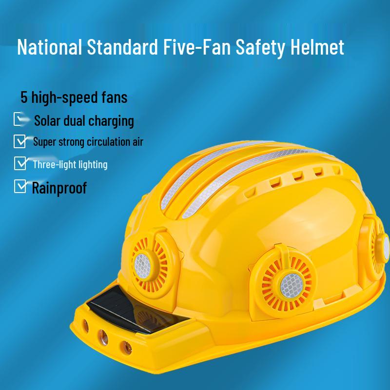 

New Five-Fan Construction Safety Helmet with Cooling, Rechargeable Bluetooth, Sun Protection, and Anti-Smash Features. Five Fan