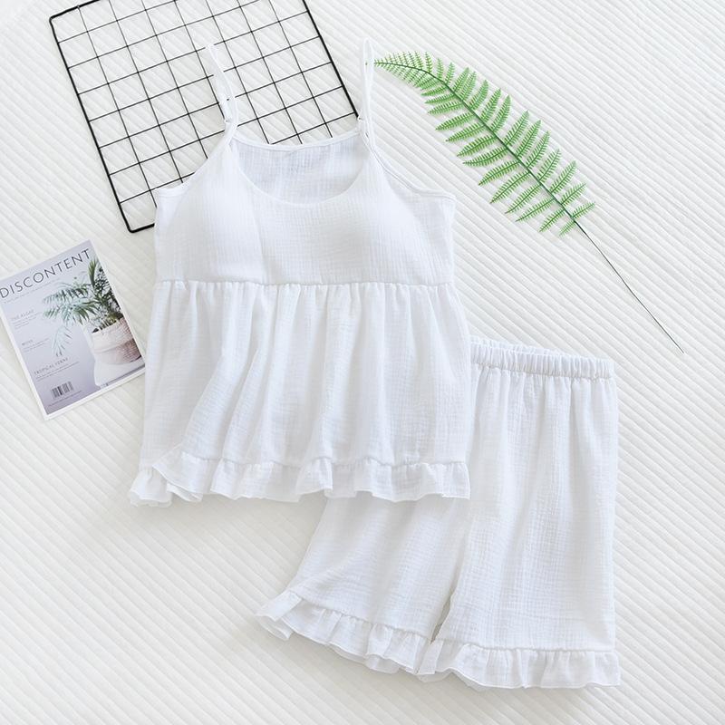 Letní nové dámské pyžamo dvoudílný set s hrudní vycpávkou podvazkové šortky 100% bavlna malé svěží sexy tenké domácí oblečení nadměrná velikost