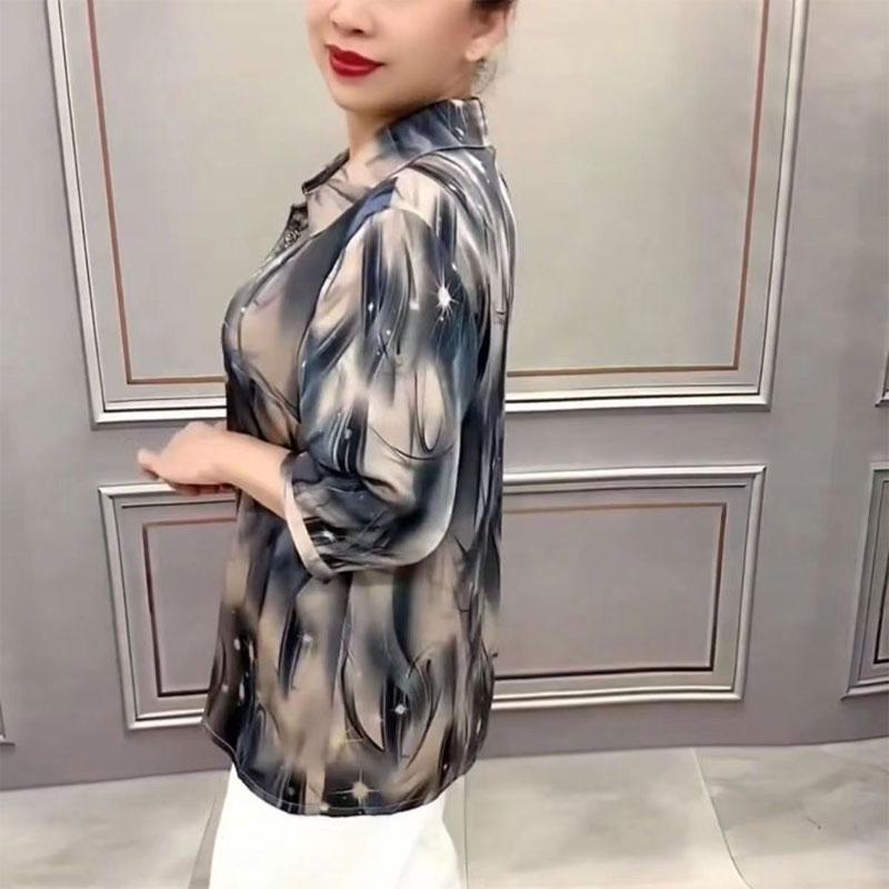 Vintage Printed 3/4 Sleeve Shirt Commute Spring Summer New Turn-down Collar Women's Clothing Casual Single-breasted Loose Blouse