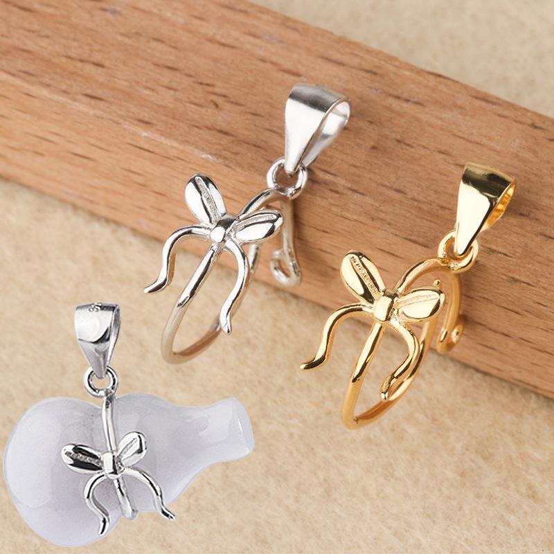 Tingxiang S925 Sterling Silver Gourd Peace Buckle Pendant Holder with Jadeite Jade Amber Inlay for Women Butterfly Clip Price for One