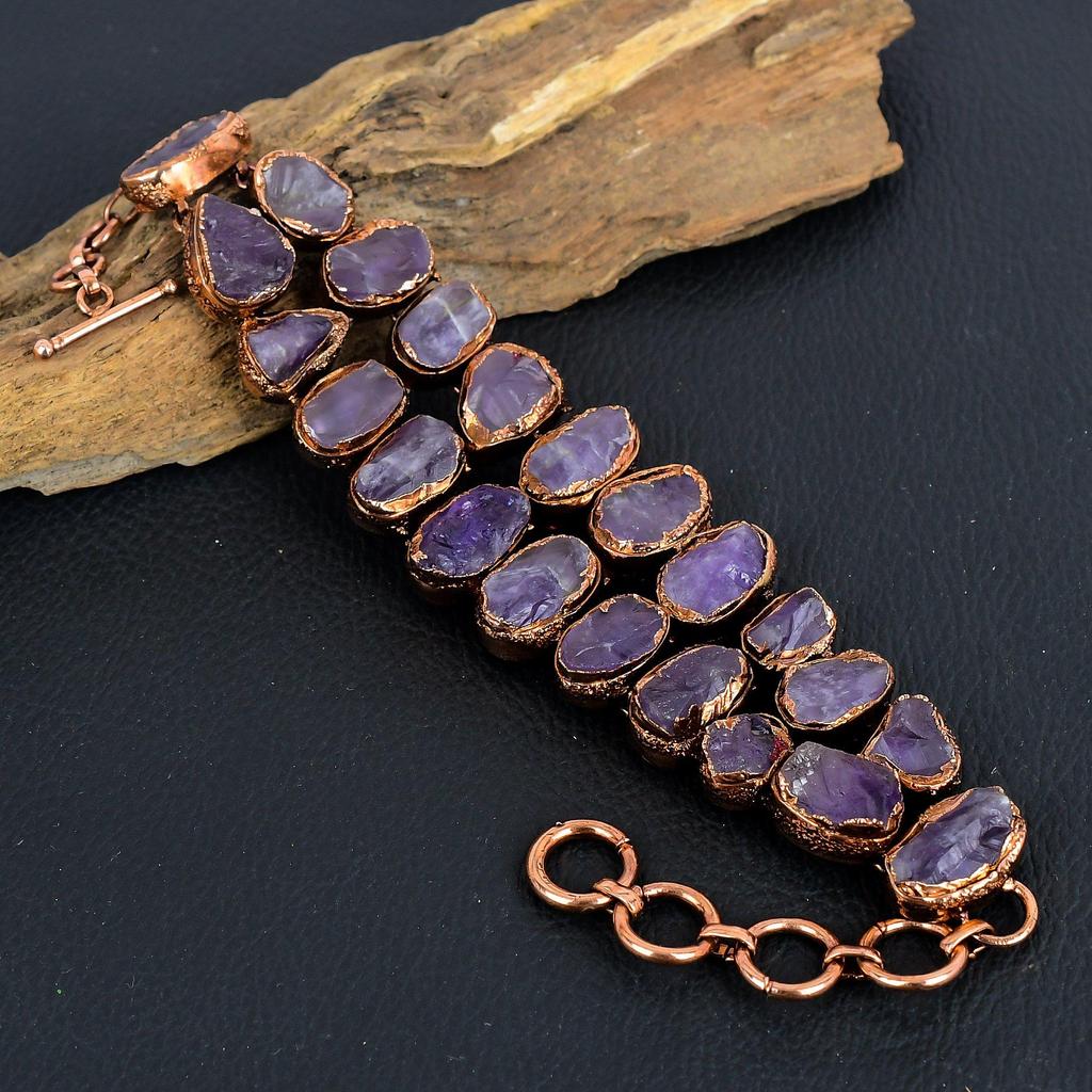 Amethyst Cuff Bracelet Real Gemstone Bangle, Copper Electroformed Bracelet Handmade Jewelry, Adjustable Bangle For Gift Women Jewelry