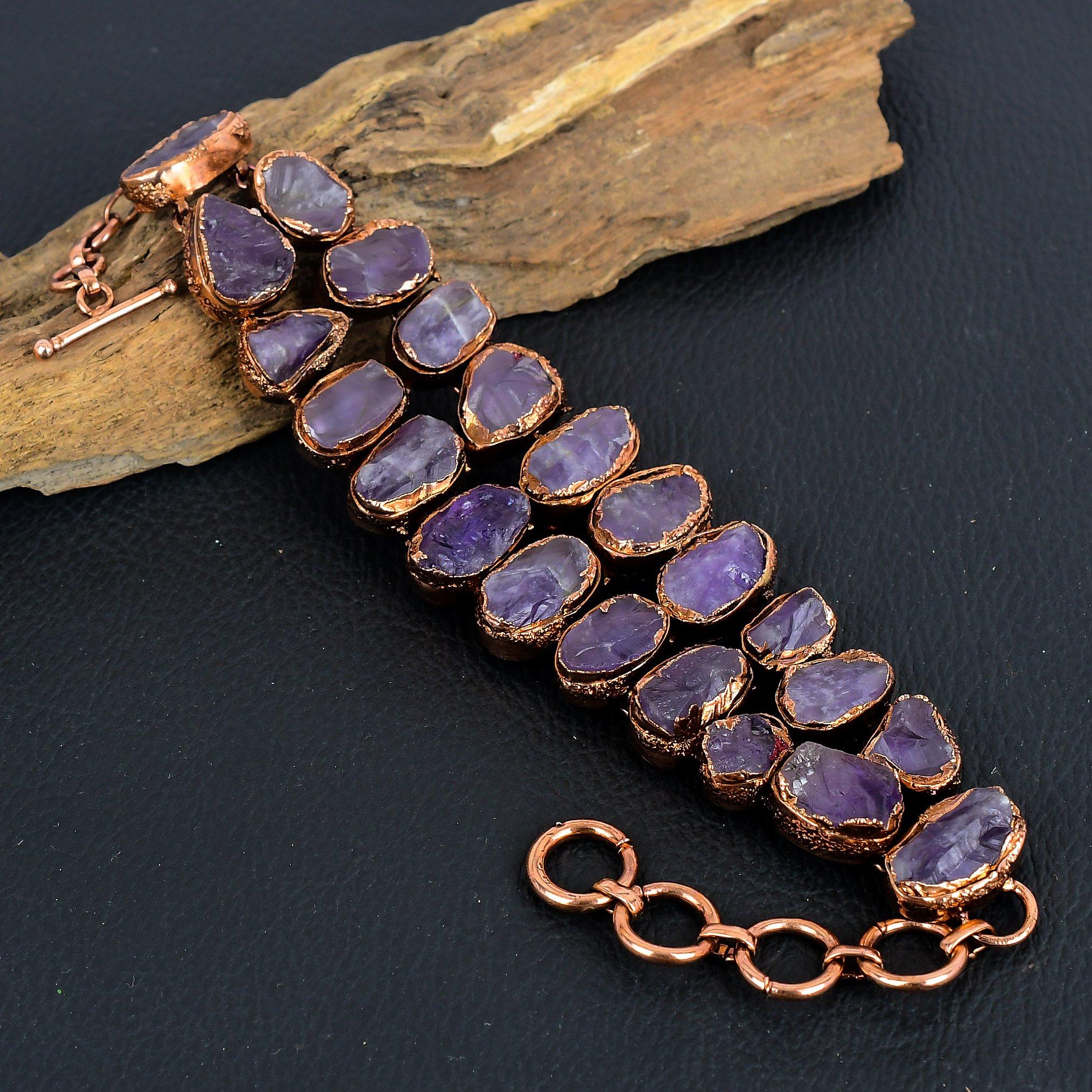 

Аметистовый браслет-манжета, браслет-бенгл с натуральным драгоценным камнем, электроформованный медный браслет, украшения ручной работы, регулируемый браслет для подарка, женские украшения