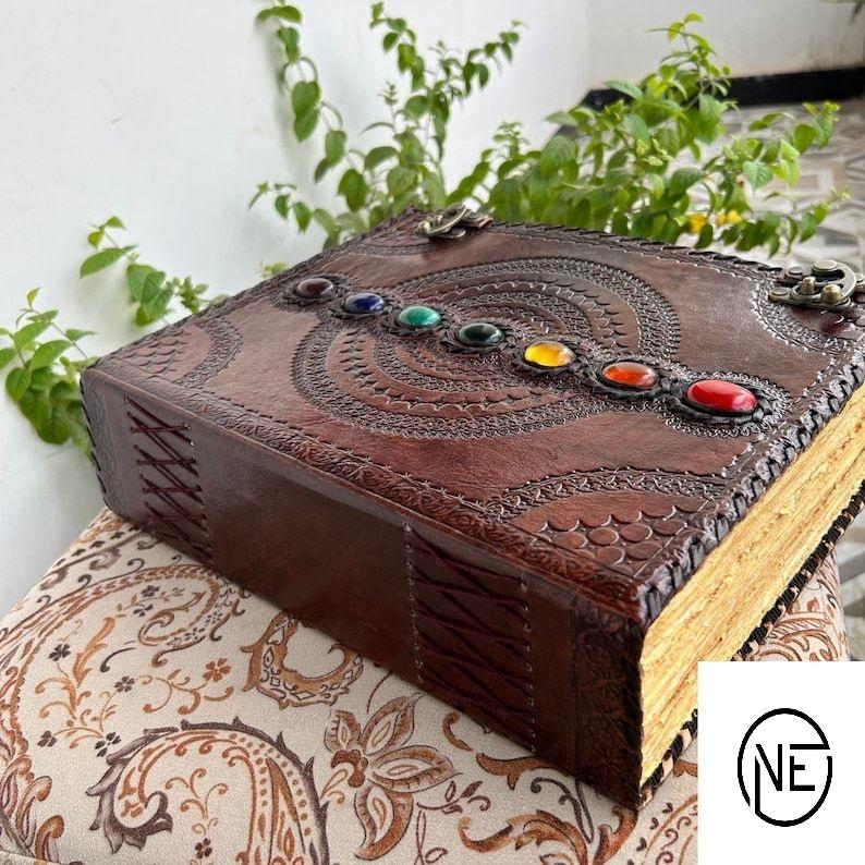 Handmade Leather Journal, 400 Vintage Paper Large Leather Journal, Seven stone Witch Journal For Sketching & Writing, Book Of Shadows
