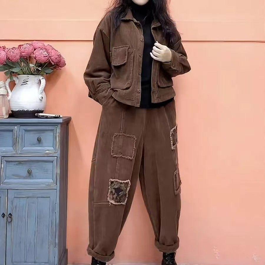 Plus Velvet Thickened Casual Suit Women's Autumn and Winter Fashion Super Thick Warm Short Jacket Harem Pants Two-piece Suit