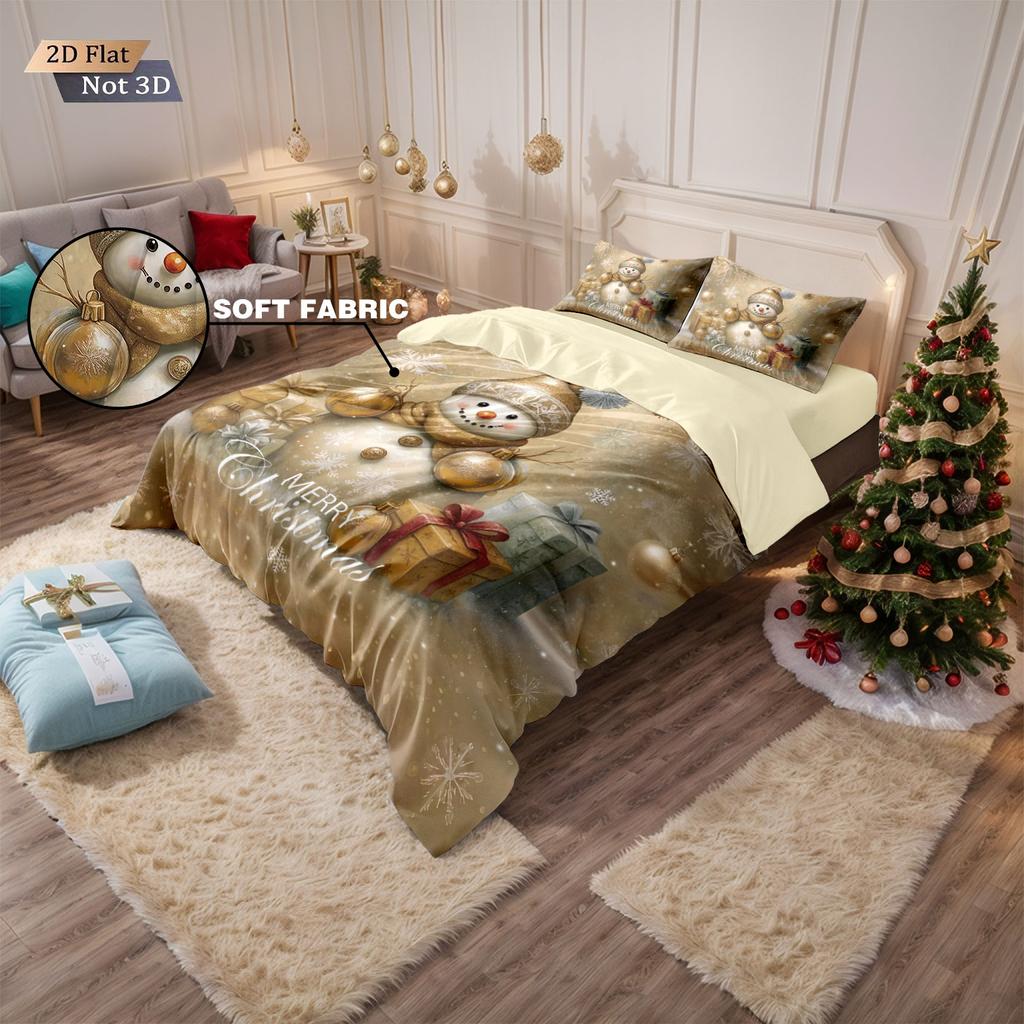 Comforter 3Pcs Golden Christmas Snowman Printed Chipless Bedding Set Soft Dormitory Bedroom Multiple Sizes Machine Washable