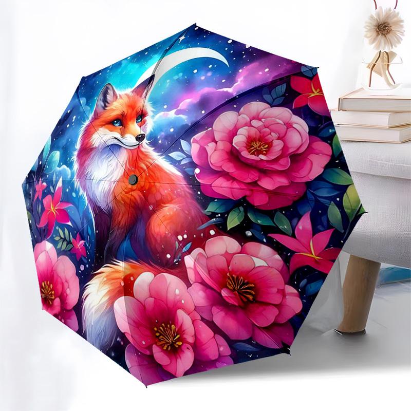 

1pc Fantasy Fox & Flowers Automatic Folding Umbrella - Portable 3-Fold Design with Iron Frame, Outdoor for Fans, Travelers, Daily Use, Perfect Gift Id