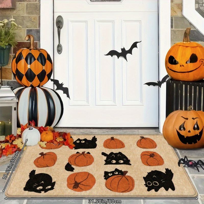 Halloween Black Cat Pumpkin Kitchen Rug Non‑Slip Absorbent Floor Mat For Home Kitchen Entrance Decor