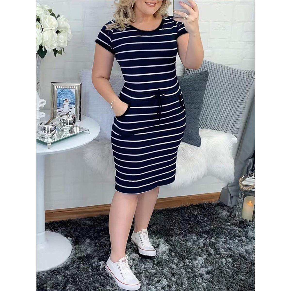 Women s Summer Commuter Belted Striped Plus Size Dress 2XL