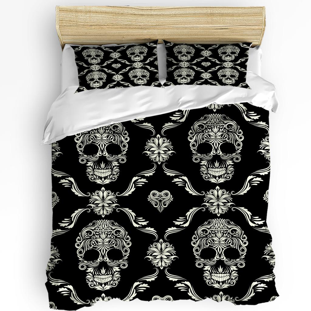 Halloween Flower Style Skull Paisley Black 3pcs Bedding Set For Double Bed Home Textile Duvet Cover Quilt Cover Pillowcase