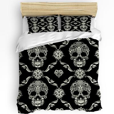 Halloween Blommönster Dödskalle Paisley Svart 3 delar Sängklädesset För Dubbelsäng Hemtextil Påslakan Täcke Örngott