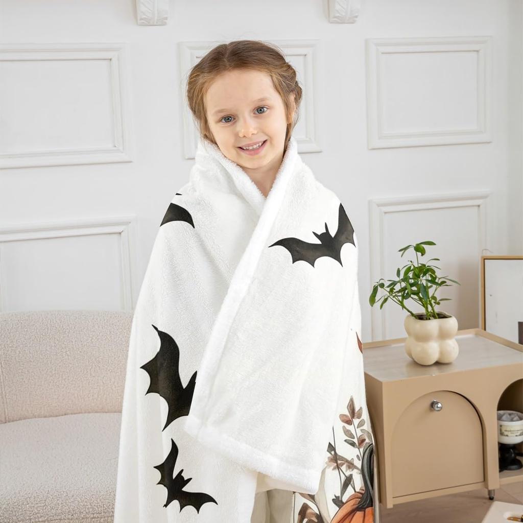 GUOYU Decke Happy Halloween Fleece-Decke Baby Kürbis Geist Feiertags Sherpa-Decke Gotische Fledermäuse Florale Pflanzen Flauschige Plüschdecke für Kinder