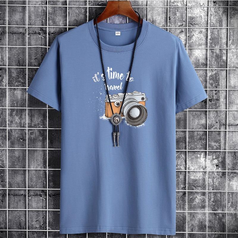 

QICED Летняя футболка с короткими рукавами, мужская футболка с круглым вырезом и трендовым низом XXXXXXL стальной синий