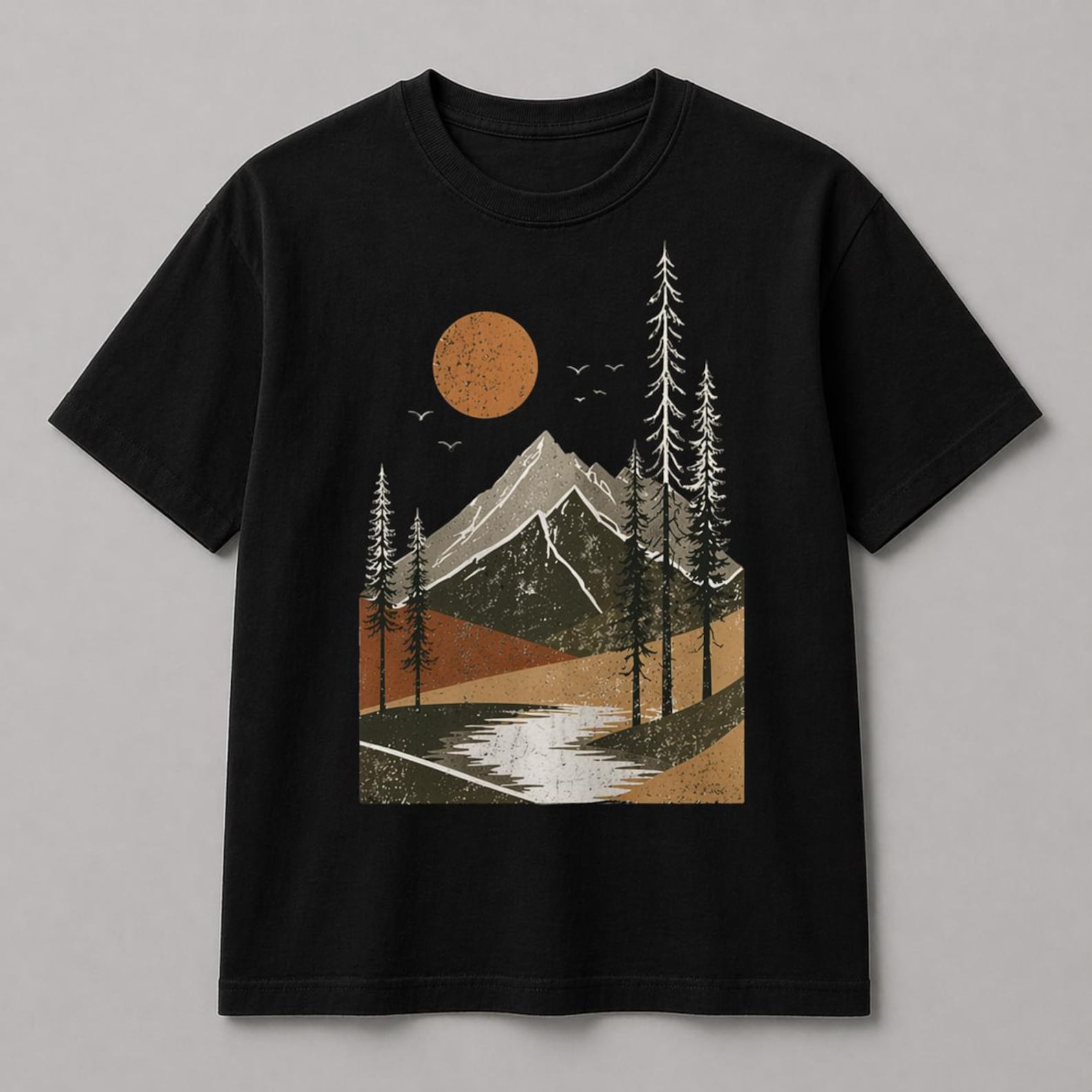 Vintage Mountain Sunset T-Shirt – Minimalist Nature Landscape Tee S