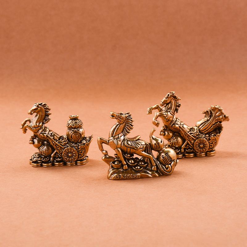 Brass Horse Step On Coins Lucky Statue Feng Shui Desk Ornament Zodiac Animal Figurines Miniatures Pure Copper Crafts Collections