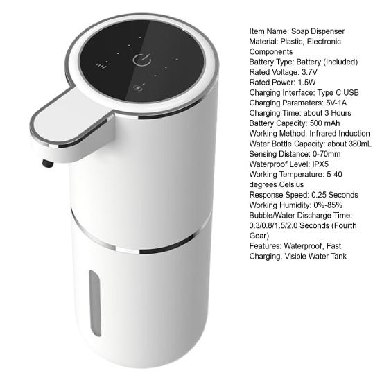 Waterproof Automatic Soap Dispenser USB-C Fast Charging 4 Foaming Settings IPX5 Waterproof Design Wash Dispenser
