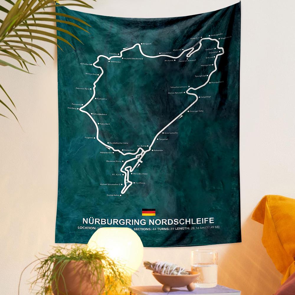 Nurburgring Nordschleife Track Map Green Infographic Racing Printed Tapestry for Living Room Dorm Decor