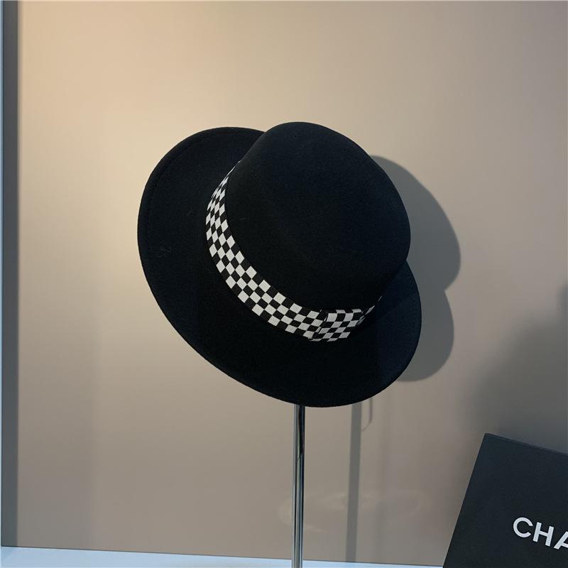 Trendy checkerboard wool fedora - a versatile flat top hat for women, perfect for autumn and winter. chic and high-end wide brim hat