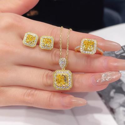 Flash Ice Flower Cut Sugar Cube Set Necklace High Carbon Diamond Pendant Yellow Diamond Ring Luxury Full Diamond Color Treasure Earrings Women