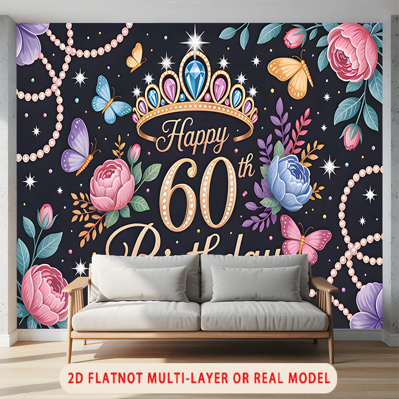 Party Backdrop Birthday Rose Butterfly Multicolor 60th 60 Photo Booth Background Wall Decor