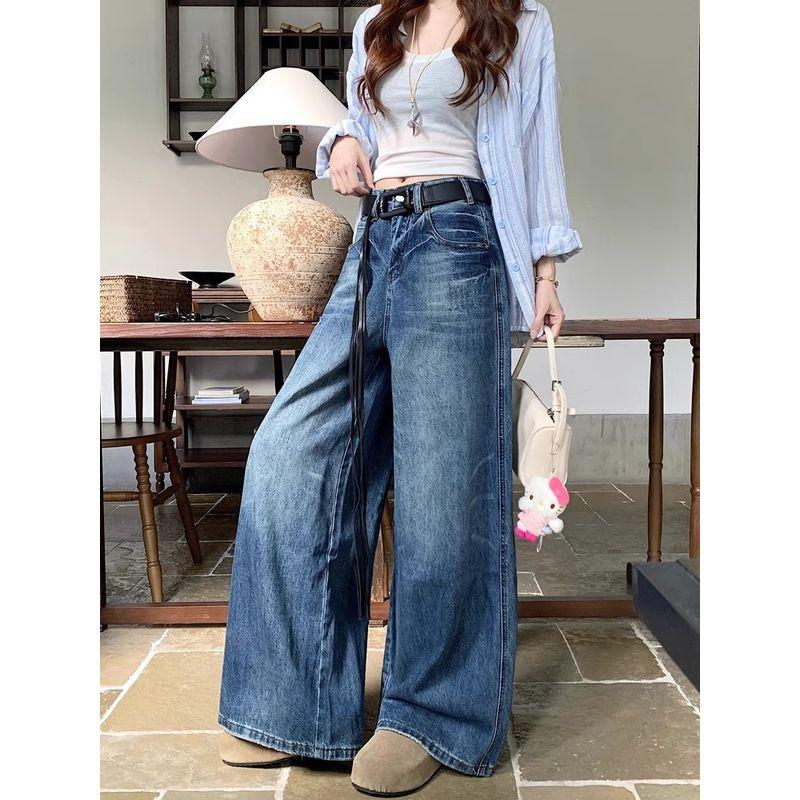 Kumikumi American Retro Washed Blue Wide Leg Denim Women Fall Loose Slimming Straight Pants Mop Pants