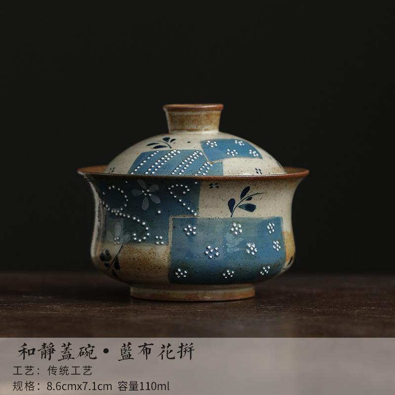 

110ml Hand-painted Blue Cloth Floral Patchwork Gaiwan Retro Tea Tureen Tea Bowl With Lid Kit Tea Maker Cover Bowl Tea Items Gift