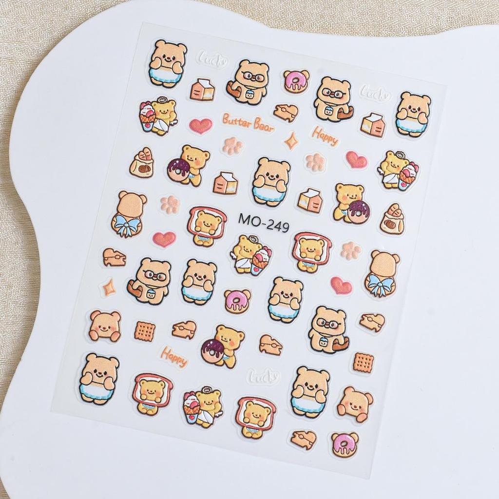 Cute Bear and Ice Cream 3D Embossed Nail Stickers with Hearts