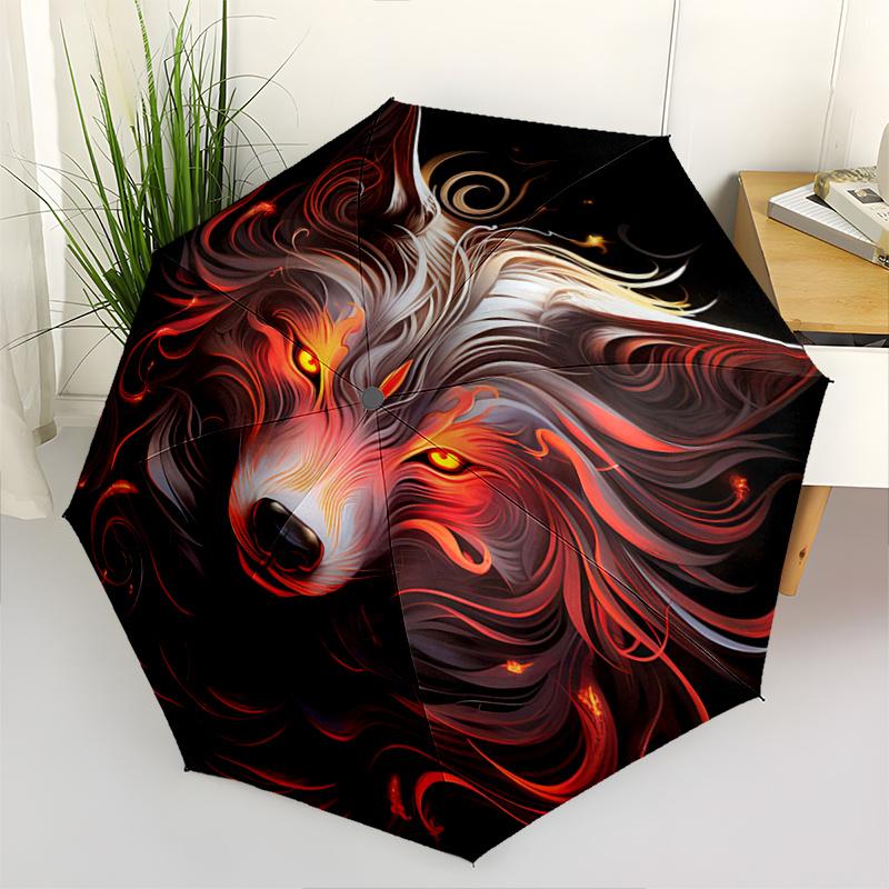 1 Stück Flammender Wolf Automatisches Öffnen und Schließen Faltbar - Eine Gute Wahl für Geschenke, Modischer und Praktischer Regenschirm Mit Niedlichem Cartoon-Charakter