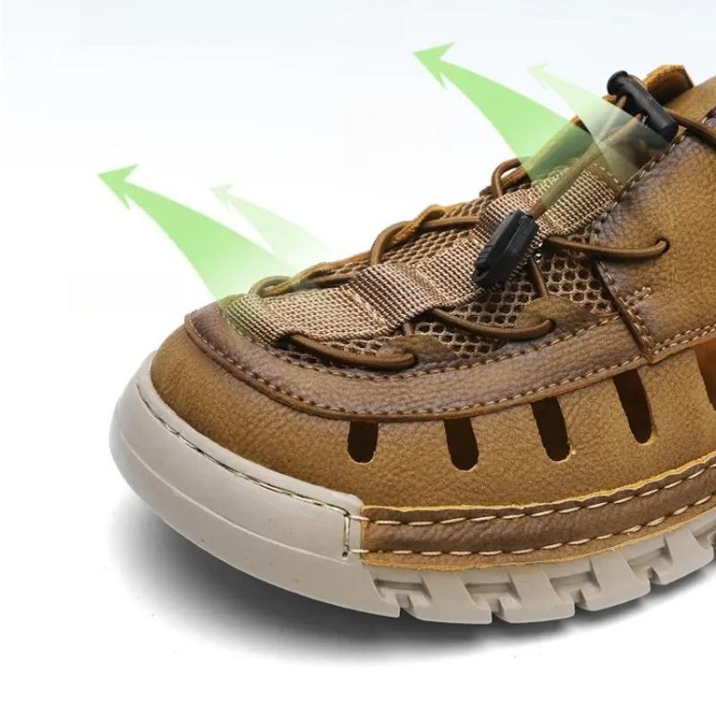 Men Sandals New Elastic Band Leather Hollow Breathable Comfortable Lightweight Summer Outdoor Beach Walking Sandals for Teen