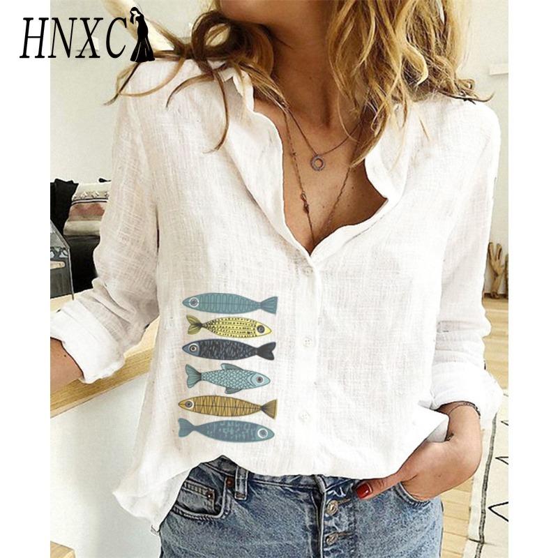 

HNXC Женская Мода Повседневные Блузки и Рубашки с Длинным Рукавом и Принтом Маленьких Рыбок S белый