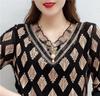 Office Lady Wave Printed Leaf T-shirt Lace Spliced Embroidery Chic Pearl Three-dimensional Decoration V-Neck Pullovers