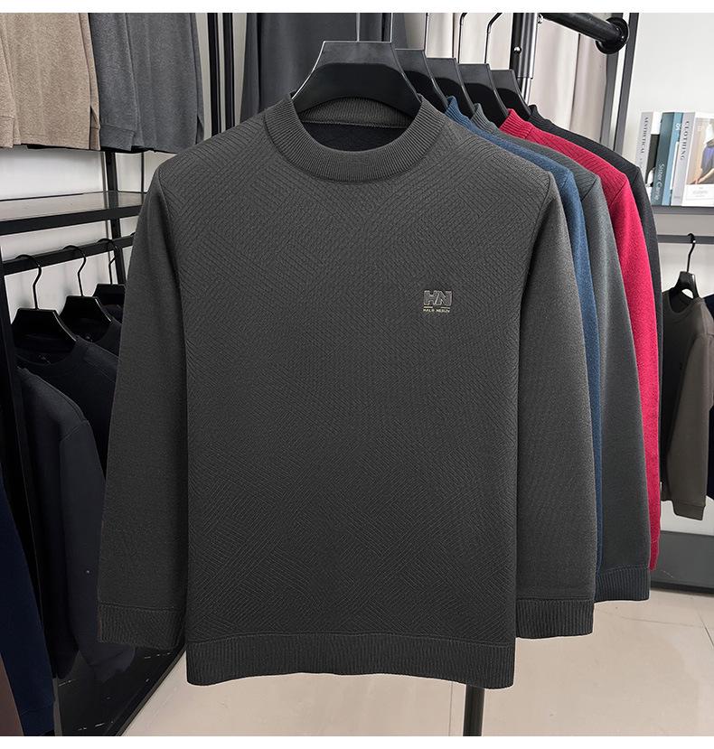 Men's Thick Plush Fleece Knit Top - Round Neck, Warm Base Layer for Winter/Autumn