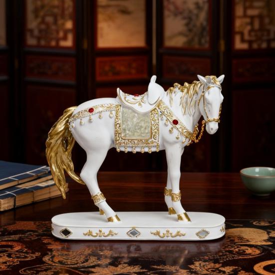 Retro Horse Statue Desktop Artistic Horse Figurine with Base Golden Painted Resin Horse Sculpture for Shelf Mantel Cabinet Display
