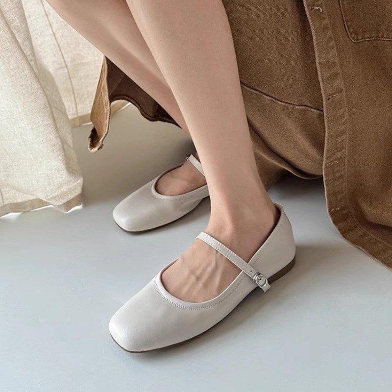 Flat Single Shoes Mary Jane Shoes Autumn New One-word Buckle Strap Square Head Shallow Mouth Women
