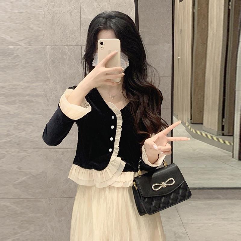

V-Neck Velvet Ruffle Top with Bubble Sleeves for Women - Autumn/Winter Trendy Fashion XS чёрный
