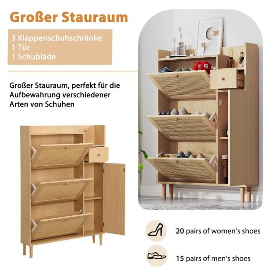 Free Standing Shoe Cabinet with 3 Tilt Doors 1 Drawer Wood Handles Solid Legs Space Saving No Burrs Small Closed Style Shoe Organizer Furniture