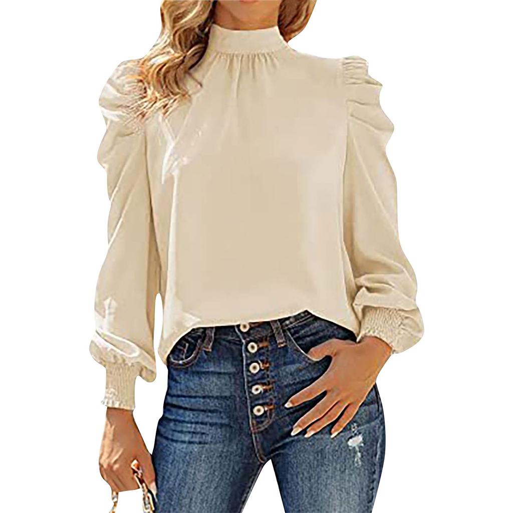 Women's And Winter Long Sleeve High Collar Bubble Long Sleeve Casual Loose Shirt Shirt