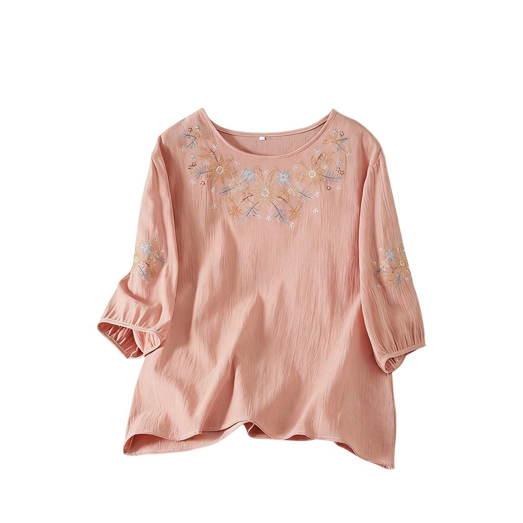 Damen lockeres, figurschmeichelndes Baumwoll-Leinen Rundhals-Dreiviertelarm Hemd Top