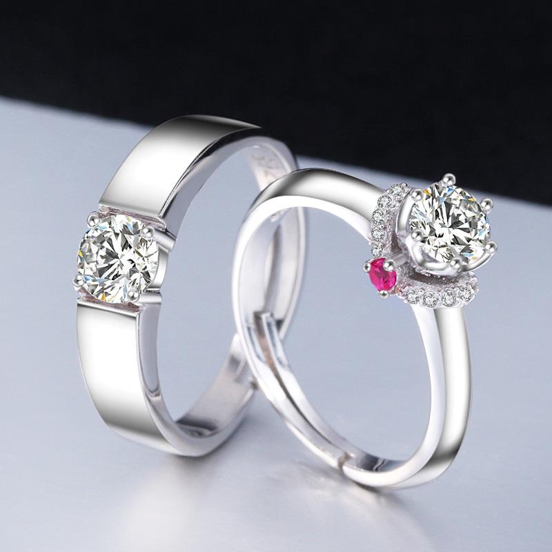 European & American Silver-Plated Zircon Wedding Rings - Korean Style Open Couple Rings for Women