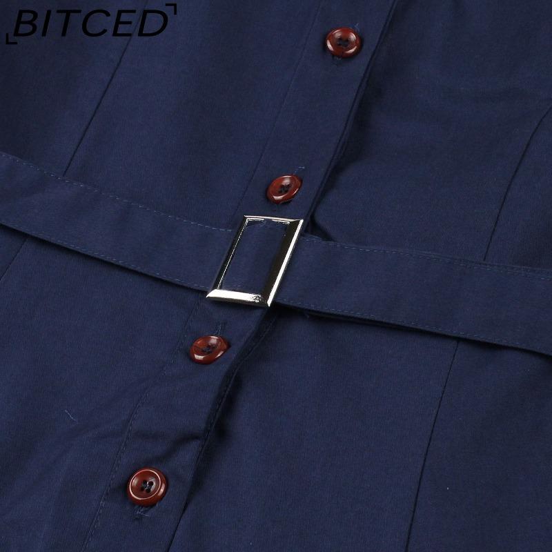 BITCED Women's Single-Breasted Wide-Skirted Retro-Style Waist-Cinched Solid-Colour Dress