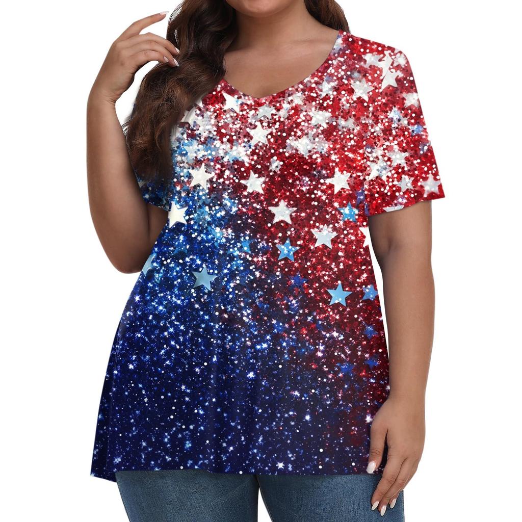 Damenmode Lässig V-Ausschnitt Pullover Kurzarm Übergröße Bedrucktes T-Shirt Top