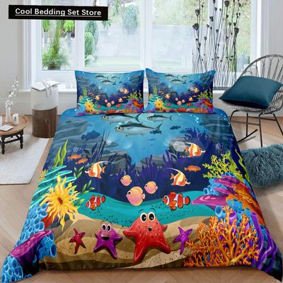 Kind Unterwasserwelt Oase King Queen Bettbezug Ozean Fisch Koralle Bettwäscheset Meeresleben Steppdeckenbezug Polyester Bettbezug