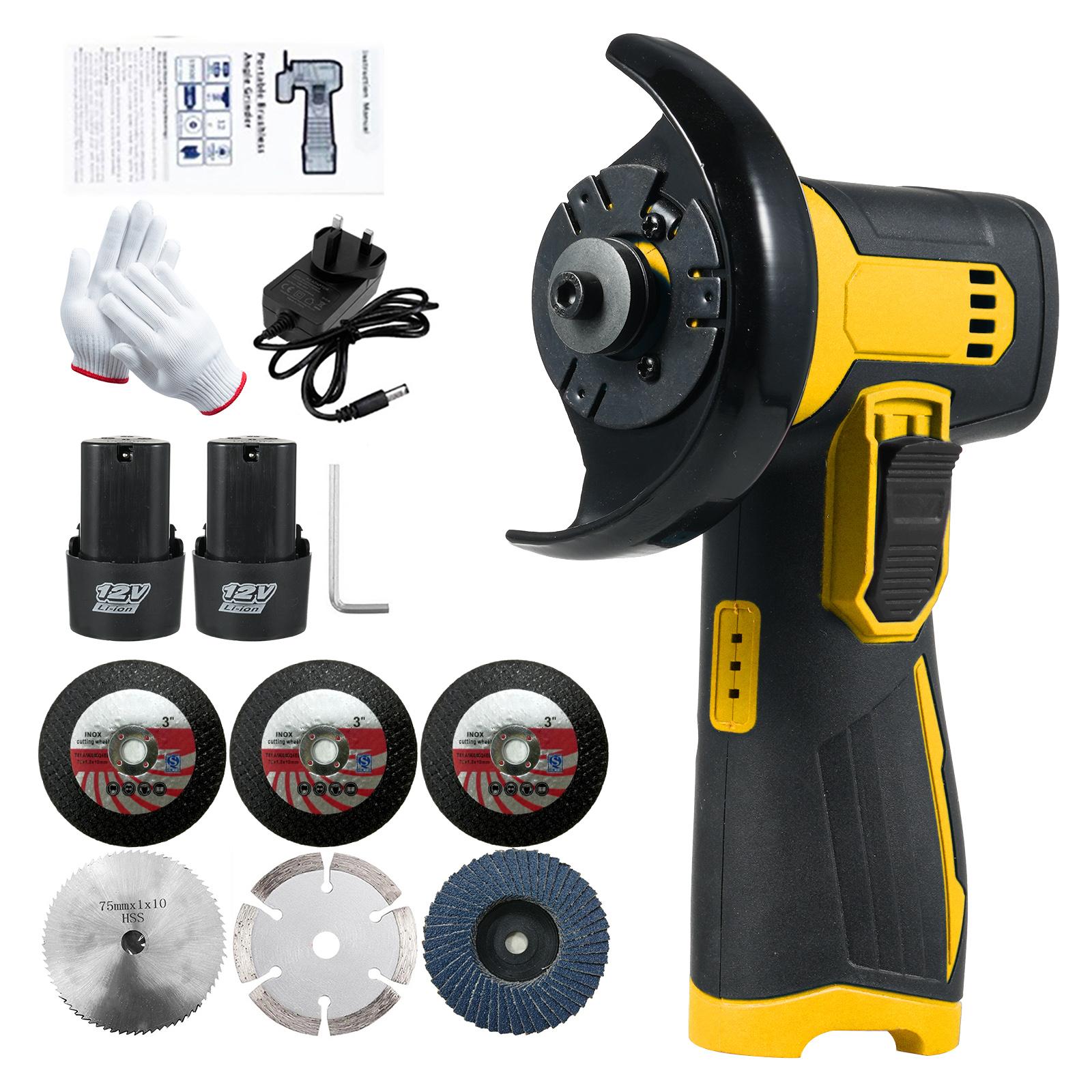 

Комплект аккумуляторной угловой шлифовальной машины с щеткой, 12 В, шлифовальный диск 3 дюйма, 76 мм, легкая угловая шлифовальная машина с UK Plug & 6Pcs Blades жёлтый