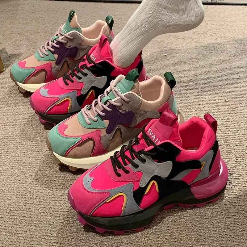 

Модные женские цветные массивные кроссовки, вулканизированная обувь, женские кроссовки на платформе, шнуровка, толстая подошва, нескользящая, повседневная спортивная обувь 2024