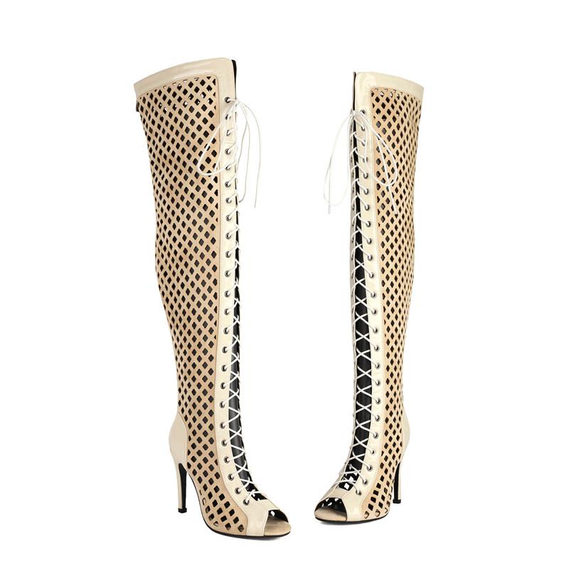 

Женские крутые ботильоны на высоком каблуке в европейском и американском стиле, новые весенне-летние, на тонком каблуке, с вырезами, большого размера, с открытым носком, до колена, крутые ботильоны 48