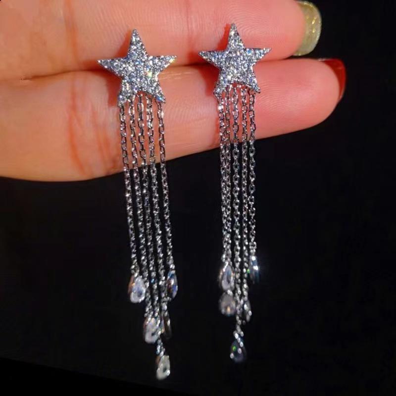 Stylish Five-Pointed Star Tassel Earrings with Micro-Set Zirconia