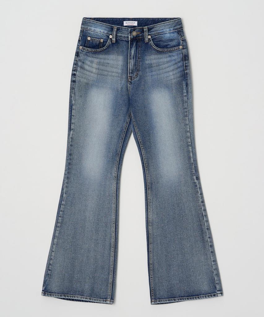 Pantalons en Jean Semi-Évasés Lavés Vintage à Boutons (Bleu)
